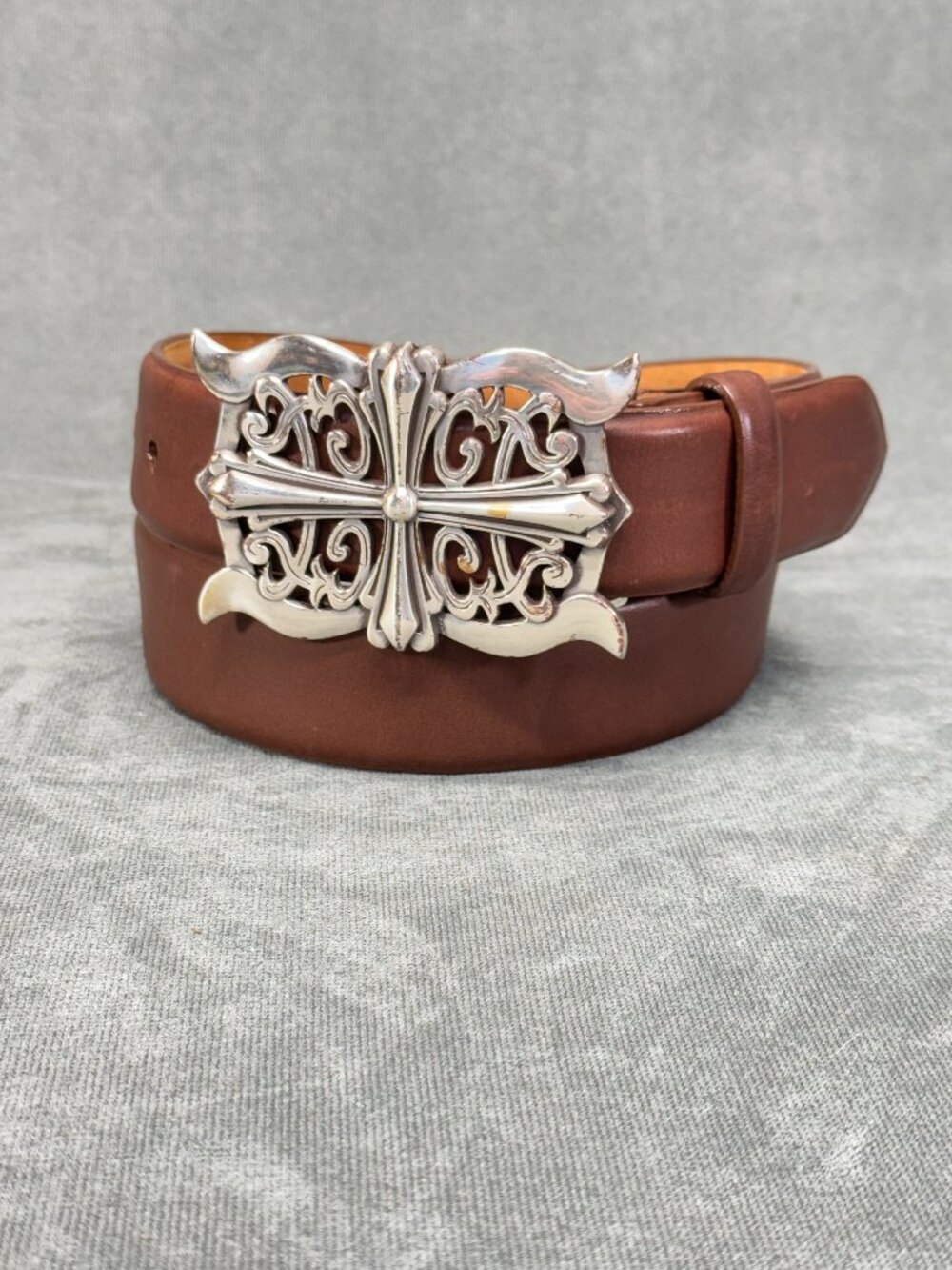 W. Kleinberg Genuine Leather Belt Cross Buckle Made USA Brown Leather Western 38